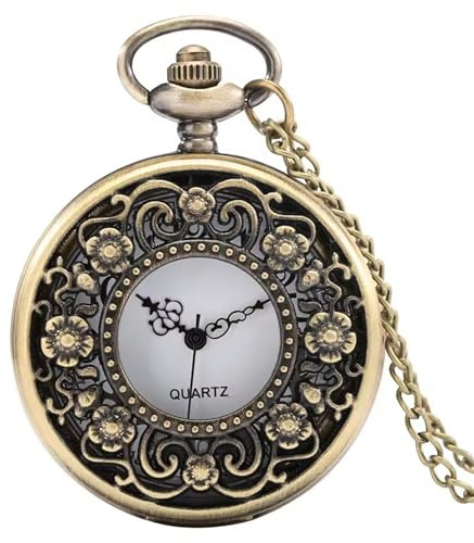Sevinora Taschenuhr Vintage – Klassische Quarz Uhr mit Kette – Filigranes Blumen Gehäuse – Retro Taschenuhr für Herren & Damen – Römische Zahlen – Inkl. Etui