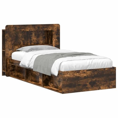 vidaXL Bettgestell mit Stauraum Geräucherte Eiche 90 x 190 cm, Moderne Schlafzimmermöbel, rechteckiger Holz-Bettrahmen, praktische Aufbewahrung, minimalistischer Stil