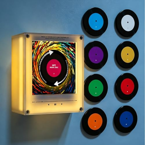 Imán de nevera retro de vinilo, reproductor de música NFC, 9 unidades, discos de música NFC programables, imán de nevera cantante inteligente con luz LED, reproductor de audio magnético para el hogar