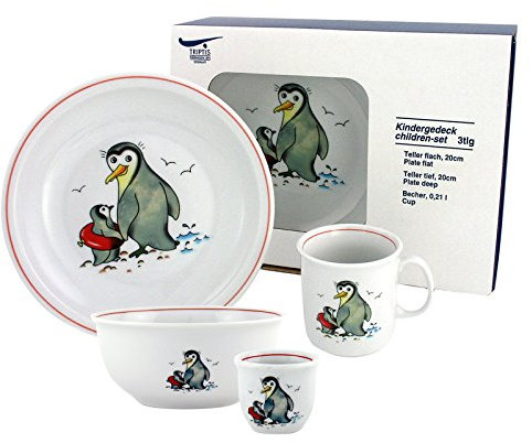 Kindergeschirr 5-teilig Pinguin, Porzellan Kindergeschirr mit Kinderteller flach, Kinderteller tief, Kindertasse, Müslischale, Eierbecher, Geschirr, Gedeck, Zoo, Tiere, Kinderservice