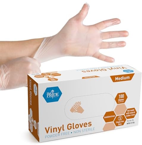 MED PRIDE Vinyl Gloves| 4.3 mil Thick, Powder-Free, Non-Sterile, Heavy Duty Disposable Gloves| Professional Grade for Healthcare, Medical, Food Handling Clear Medium