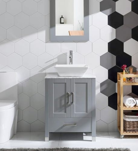 Homecart 24 Gray Bathroom Vanity with Sink Combo, Solid Wood Cabinet with Ceramic Sink, Marble Countertop, Chrome Faucet, Mirror, Painted Finish