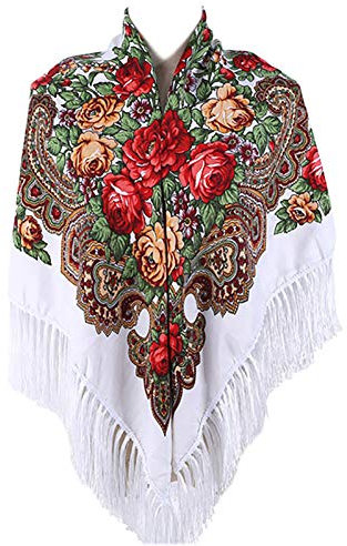 Gudessly Damen Traditioneller Schal Wickeltuch Quaste Schal Fransen Hals Kopftuch Retro Schal Blumenponcho Druck Schal, Weiss/opulenter Garten