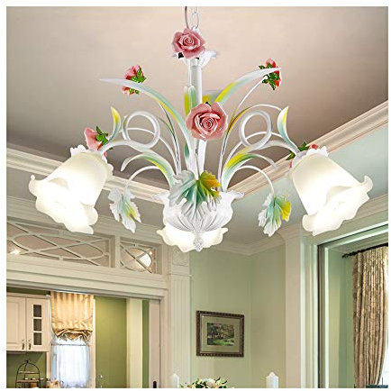 Lampadario a Sospensione Rustiche Ferro Battuto Lampada a Sospensione con Eleganti Ceramica Rosa Fiori Art Deco Vetro Paralume 3 Luci E14 Luce Pendente per Sala da Pranzo Camera da Letto Soggiorno