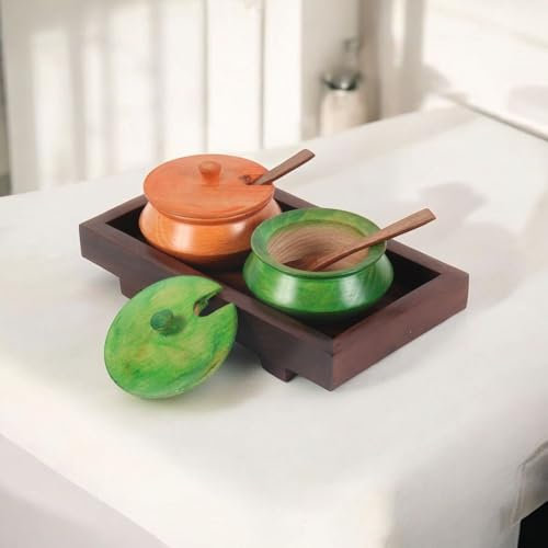Creation India Craft Wooden Serving Trays Jars With Tray & Spoon Mouth Refreshner Pickle Handi Jars Spice Condiment Box, Pack of 1, Multicoloured