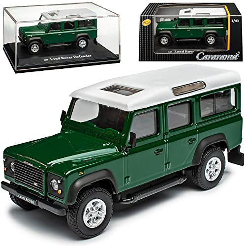 Cararama Land R*O*V*E*R Defender 110 5 Türer Dunkel Grün Weisses Dach mit Sockel und Vitrine 1/43 Modell Auto