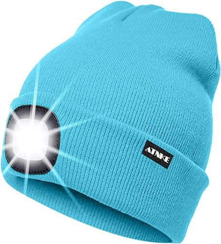 ATNKE LED Beleuchtete Mütze,Wiederaufladbare USB Laufmütze mit Licht Extrem Heller 4 LED Lampe Winter Warme Stirnlampe für Herren und Damen Geschenke/Light Blue