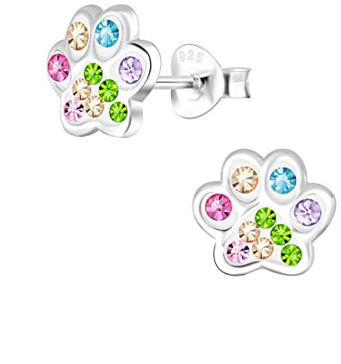 Laimons Mädchen Kinder-Ohrstecker Hundepfote Pfote Pfötchen Tatzen mit Glitzer in 8mm klein aus Sterling Silber 925 (Bunt-Weiß)