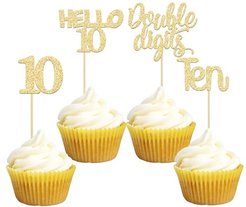 Gyufise 24Pcs Gold Glitter 10th Birthday Cupcake Toppers Double Digits Cupcake Toppers Hello 10 Ten Cupcake Picks for 10th Birthday Party Cake Decorations Supplies