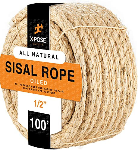 Sisal Rope - 1/2 Inch Thick Rope - Heavy Duty Durable Natural Fiber Rope - Crafts, Cat Scratching Post, Cat Tree Rope Replacement, Scratch Tower for Cats - Indoor/Outdoor Carpet (1/2 x 100Ft, 1)