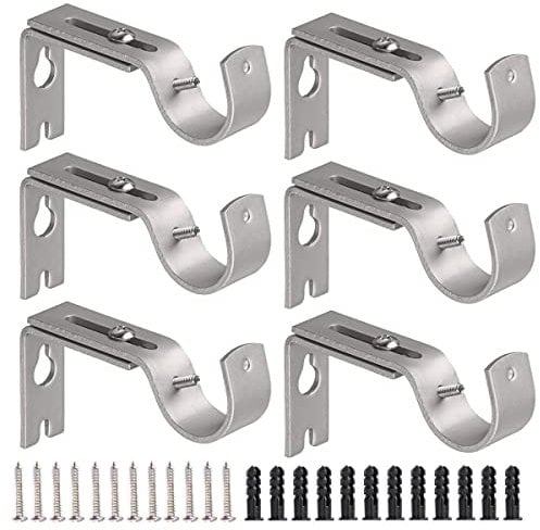 Curtain Pole Brackets, 6Pcs Adjustable Curtain Rod Brackets for 25mm Poles, Metal Heavy Duty Wall Rod Bracket Silver