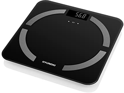 HYUNDAI Personenwaage OVET739 I Waage 100g Messgenauigkeit I Sicherheitsglas I BMI I Körperfett I Wasser I Muskelmasse I Knochenmasse I LCD Display I max 150kg