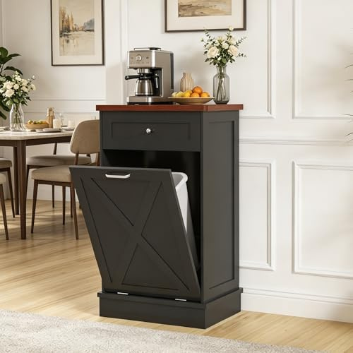 Betterhood Tilt Out Trash Cabinet 10 Gallon Wooden Free Standing Laundry Sorter Cabine,Recycling Cabine with Hideaway Drawer,Tilt Out Trash Cabinet Can Bin Kitchen (Black)