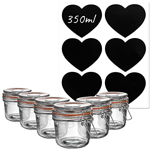 Argon Tableware Glass Storage Jars with Labels - Vintage Food Preserving Container - Clip Lid - 350ml - Orange, White, Clear & Black Seals - Pack of 6