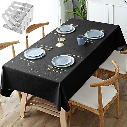 Tischdecke Fleckschutz Abwaschbar Tischwäsche Wasserdicht Tischtuch PVC Plastik-Tischdecken mit Tischdeckenklammern für Esszimmer, Garten, Party, Hochzeiten oder Haushalt, Schwarz (Größe:140x200cm
