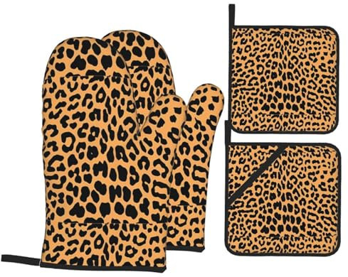 Leopard Print Heat-Resistant Insulated Oven Mitt And Pan Lid Mat Set Of 4 For Baking Cooking Grilling