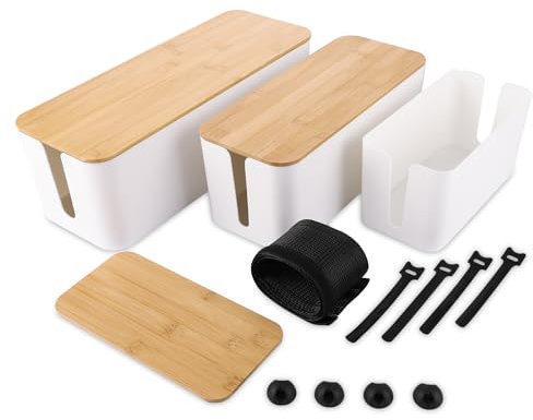 YAYODS 3 Stück Kabelbox Weiß - Große Medium und Kleine Kabelbox Steckdosenbox mit Bambusdeckel - Kabel Organizer Box - Kabelmanagement Box für Kabel, Ladekabel, Adapter