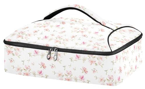 Mnsruu Beautiful Pink Floral Casserole Carrier for Hot or Cold Food, Insulated Casserole Dish Carrier Bag with Lid, Food Carrier for Travel Party Picnic Tote Bag
