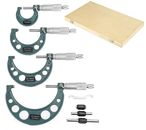 4 Stück Metrische Außenmikrometer 0-100 Mm Messschieber, 4 Größen und Zubehör, Präzise Messung von Länge, Durchmesser oder Dicke, mit Holzgehäuse