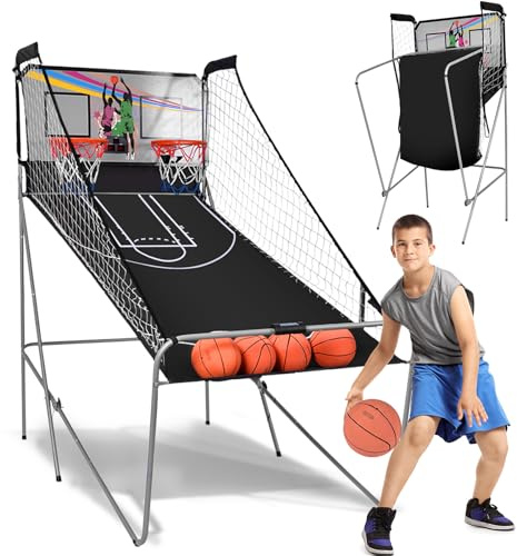 LIFEZEAL Basketball-Arcade-Spiel, Faltbar Basketballautomat für 2 Personen, Elektronische Basketballwurfmaschine mit 2 Basketballkörbe, 8 Spielmodi & Zähler, 4 Bälle, 1 Pumpe