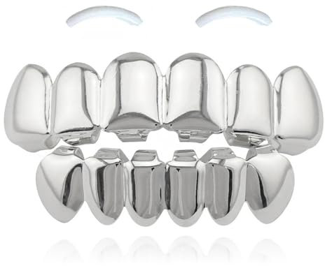 SSyang Hip Hop Teeth Grills für den Mund, Zahnspange Dekoration, mit 2 Silikonformleisten, Hip Hop Teeth Grills für Mouth Top Bottom, für Musikfestivalpartys, Hip-Hop-Rapper, Dekorationen(Silber)