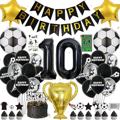Fussball Luftballon 10 Geburtstag Junge - Fußball Deko Geburtstag Kinder, Happy Birthday Girlande Folienballons Tortendeko, Leuchtende Tattoo Aufkleber, Schwarz Fussball Geburtstagsdeko 10 Jahre
