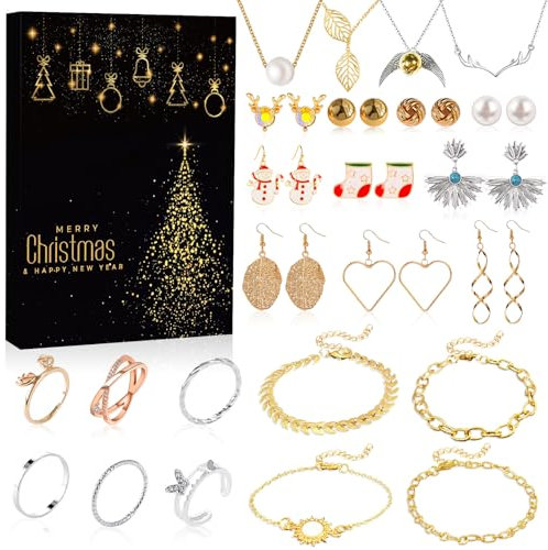 Adventskalender 2024 Frauen Mädchen, Adventskalender Schmuck Damen, Weihnachtskalender 2024 Frauen, 24 Überraschungen Armband Halskette Ohrringe Ringe, Weihnachtsgeschenke für Damen Mädchen Kinder