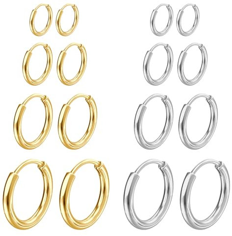 NHDDGR 8 Paar Creolen Für Männer Und Frauen, Silber Gold Kleine Chirurgische Ohrringe Für Herren, Hypoallergen Und Leicht, 8-14mm