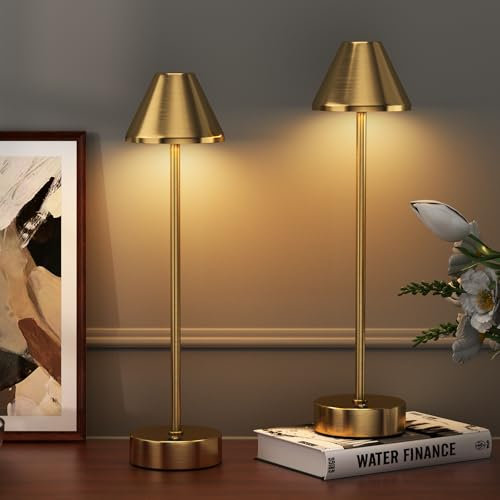 IMAGE 2 PCS Rechargeable Table Lamps Meta Cordless, Portable Battery Operated LED Desk Lamp Touch 3 Color Temperature Stepless Dimmable Desk Lamp for Patio Party Restaurant Dining Bedroom, Gold