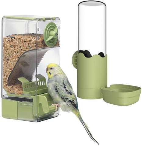 Automatischer Vogelfutterspender Wasserspender Set, Vogelkäfig-Futterspender mit Sitzstange für Wellensittiche, Sittiche, Kanarienvögel, Nymphensittiche, Finken (Grün)