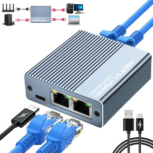 Ethernet Splitter 1 to 3, 1000Mbps Lan Splitter 1 to 3 Internet Splitter 1 to 3 Rj45 Splitter with USB C Power Cable for Computer, Hub, Switch, Router, ADSL, Digital TV, etc Working Simultaneously