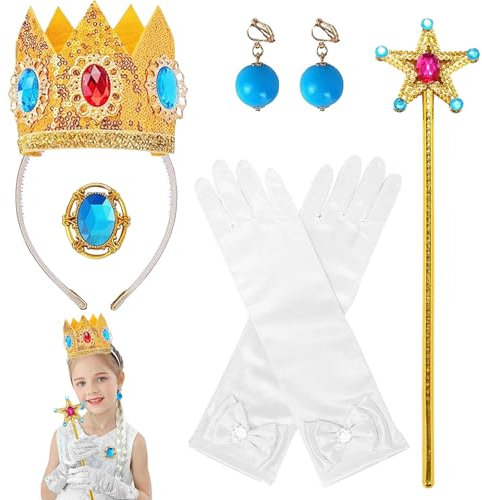 CWENDANER Prinzessin Peach Kostüm Zubehör, 5-teiliges Set: Krone, Ohrringe, Zauberstab, Satin-Prinzessinnenhandschuhe, Brosche - Prinzessinnen-Kostüm für Mädchen, Tanzpartys & Rollenspiele
