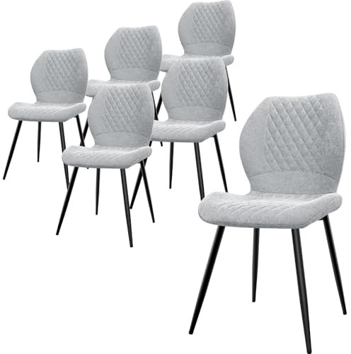 LEWE Leinen Esszimmerstühle 6er Set, Modernes Karomuster mit Metallbein, gepolstert, Armloser Küchenstuhl für Restaurant/Wohnzimmer/Schlafzimmer, [Grau]