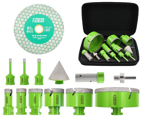 FACHLICH Set di punte diamantate per piastrelle, sega a tazza, 12 pezzi (6/6/8/20/25/35/50/68/110 mm+20 mm, fresa a smussata da 50 mm, adattatore + disco da taglio da 125 mm), filettatura M14, per