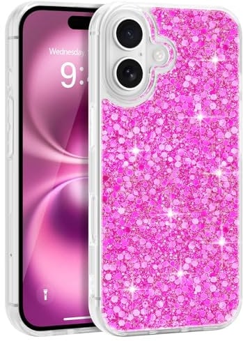 LCHULLE Designed for iPhone 16 Case,Women Girls Glitter Bling Shockproof Bumper Cover,Cute Sparkly Shiny Slim Fit Protective Phone Case for iPhone 16 6.1 inch,Hot Pink