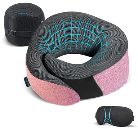 Proglobe Rosa Nackenkissen Flugzeug, Reisekissen 100% Memory Foam, Orthopädisches Nackenhörnchen, Für Reisen mit Flugzeug, Auto, Zug, Mit 3D-Schlafmaske, Hochwertige Netztasche