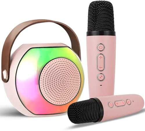 Koolcover karaoke machine, Bluetooth Speaker with 2 Wireless Microphones, Birthday Gifts for Age 3-15 Years Old Girls Gifts, Portable Speaker with Voice Changing Effects & LED Lights, Pink