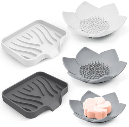 UHETLET 4 PCS Porte Savon en Silicone avec Drainage Rapide Porte Savon Antidérapant Porte Savon Salle de Bain Support Savon Douche pour Salle de Bain, Cuisine, Balcon, Hôtel（Blanc, Gris）