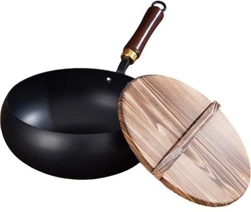 9.5 Inch Non-Stick Uncoated Iron Wok Pan with Wooden Lid, Easy-to-Clean Cast Iron Skillet with Hanging Anti-Scald Handle for Stovetop Cooking
