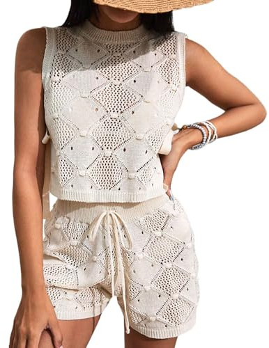 PDLCVD 2-teiliges Strickset für Damen, gehäkelt, ärmellos, für den Sommer, passende Shorts