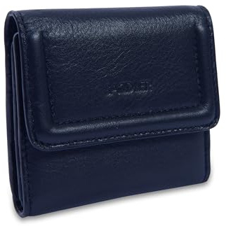 SADDLER Edith Leather Trifold RFID Wallet, 8 Card Slots, Small, Navy Blue | Includes integrated coin purse and tissue-wrapped gift box packaging, featuring floral lining and reliable YKK metal zippers.