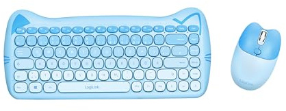 LogiLink kabellose 2,4 GHz kindgerechte Tastatur-Maus-Kombi blau 1600 DPI QWERTZ-Layout Windows MAC 85 Tasten 12 Multimediatasten Katzen-Design Energiesparmodus