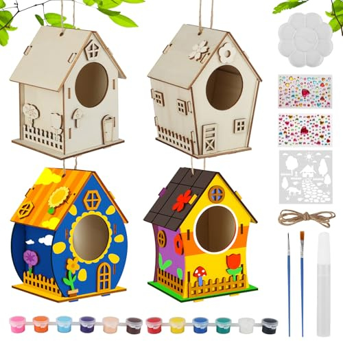 Dewdropdale 4 Stück Vogelhaus Bausatz Kinders, Bastelsets für Kinder, DIY Holz Vogelhaus zum Bemalen, Vogelhauss Holz mit Farbform, für Mädchen und Jungen geeignet
