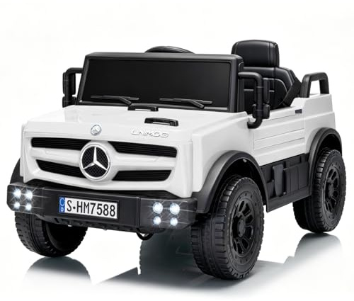 TCARAIWEN Kinderauto Elektro Mercedes-Benz Unimog Lizenz, 12V Elektroauto für Kinder 3-6 Jahre, Kinderfahrzeug mit Fernbedienung, 3-Punkt-Gurt, Bluetooth, 5 km/h (Weiß)
