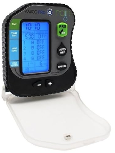 Rain Amico PRO4 Programador a Pilas de 4 Zonas, 2 Programas, Pantalla LCD, IP68 Sumergible, para Electroválvulas con Solenoide de 9V DC