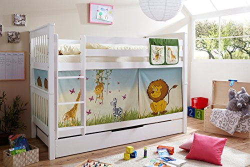 Etagenbett Doppelbett Stockbett Sammy teilbar Buche massiv Weiss, Vorhangstoff:Safari
