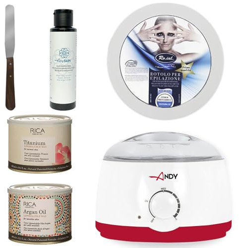 Anyskin Wachs-Set mit professionellem Wachserhitzer, 2 fettlöslichen Wachsen Rica 400 ml, Rosa und Argan, Anyskin Afterwax Öl 100 ml, Spatel aus Stahl und Rolle zur Haarentfernung in TNT Roial
