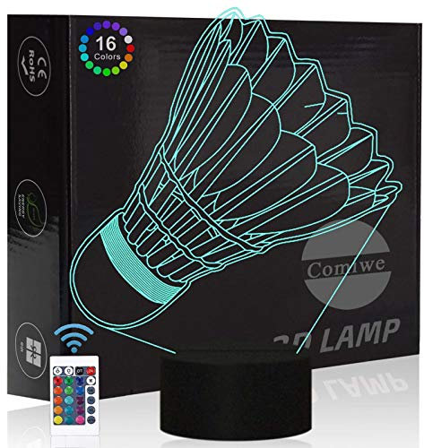 Comiwe Federbälle Badminton 3D Illusion Nachtlicht Spielzeug,Dekoration LED Nachttischlampe 16 Farben Ändern mit Fernbedienung,Weihnachten Deko Geburtstagsgeschenk Für Mädchen Jungen Kinder Freunde