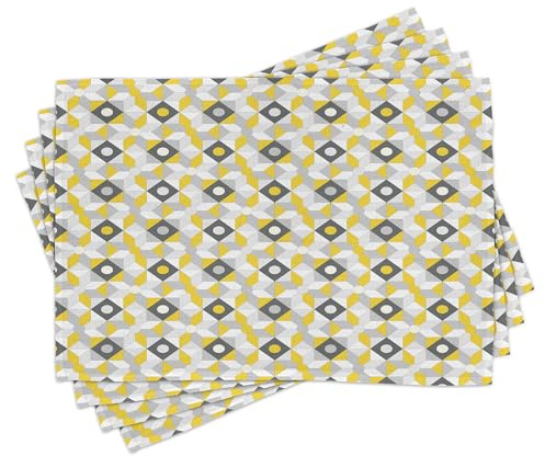 ABAKUHAUS Grau und Gelb Platzmatten, Geometrische Retro 60er 70er Jahre Home inspiriert Runden Quadrate Bild, Waschbare Stoff Esszimmer Küche Tischdekorations Digitaldruck, Dunkle Taupe Grau