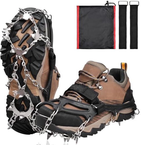 Crampons Ice Cleats Traction, Ice Grips for Boots and Shoes Anti Slip Ice Shoe Crampons 19 Stainless Steel Studs for Hiking Climbing Running Fishing